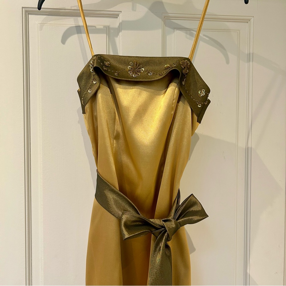 Elegant Gold and Brown Sequined Spaghetti Strap Dress with Attached Brown Tie